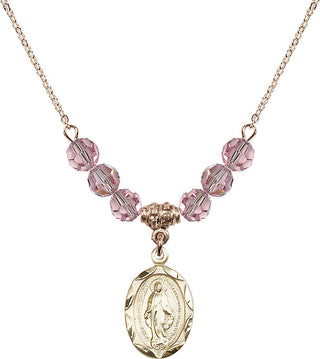 18" Hamilton Gold Plated Necklace with 4mm Light Rose Crystal Beads featuring a 14kt Gold Filled Miraculous Medal.