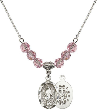 18" Rhodium Plated Necklace with 4mm Light Rose Crystal Beads featuring a Sterling Silver Miraculous Medal.