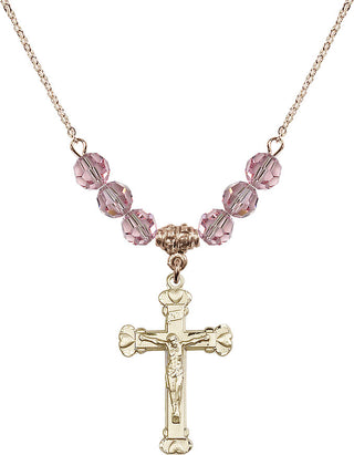 18" Hamilton Gold Plated Necklace with 4mm Light Rose Crystal Beads featuring a 14kt Gold Filled Crucifix Medal.