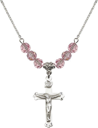 18" Rhodium Plated Necklace with 4mm Light Rose Crystal Beads featuring a Sterling Silver Crucifix Medal.