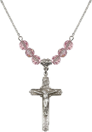 18" Rhodium Plated Necklace with 4mm Light Rose Crystal Beads featuring a Sterling Silver Crucifix Medal.