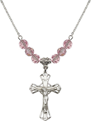 18" Rhodium Plated Necklace with 4mm Light Rose Crystal Beads featuring a Sterling Silver Crucifix Medal.