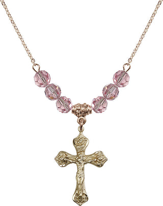 18" Hamilton Gold Plated Necklace with 4mm Light Rose Crystal Beads featuring a 14kt Gold Filled Crucifix Medal.