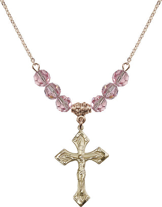 18" Hamilton Gold Plated Necklace with 4mm Light Rose Crystal Beads featuring a 14kt Gold Filled Crucifix Medal.