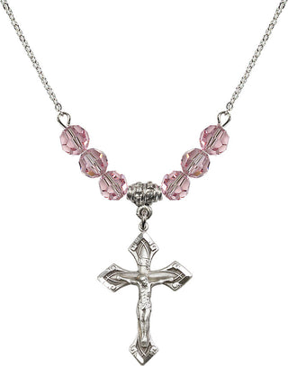 18" Rhodium Plated Necklace with 4mm Light Rose Crystal Beads featuring a Sterling Silver Crucifix Medal.
