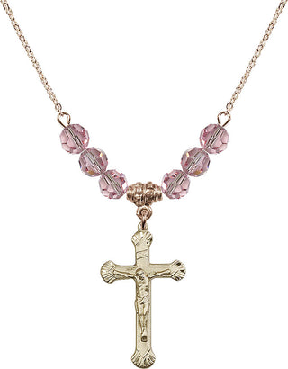 18" Hamilton Gold Plated Necklace with 4mm Light Rose Crystal Beads featuring a 14kt Gold Filled Crucifix Medal.