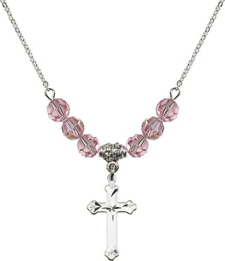 18" Rhodium Plated Necklace with 4mm Light Rose Crystal Beads featuring a Sterling Silver Cross Medal.