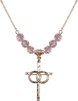 18" Hamilton Gold Plated Necklace with 4mm Light Rose Crystal Beads featuring a 14kt Gold Filled Wedding Rings Cross Medal.