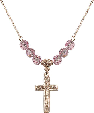 18" Hamilton Gold Plated Necklace with 4mm Light Rose Crystal Beads featuring a 14kt Gold Filled Crucifix Medal.