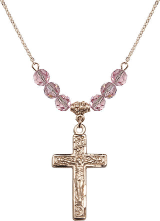 18" Hamilton Gold Plated Necklace with 4mm Light Rose Crystal Beads featuring a 14kt Gold Filled Crucifix Medal.