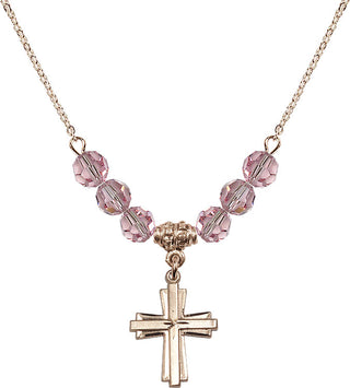 18" Hamilton Gold Plated Necklace with 4mm Light Rose Crystal Beads featuring a 14kt Gold Filled Cross Medal.