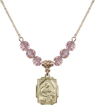 18" Hamilton Gold Plated Necklace with 4mm Light Rose Crystal Beads featuring a 14kt Gold Filled Saint Ann Medal. Engraved Catholic Saint Jewelry