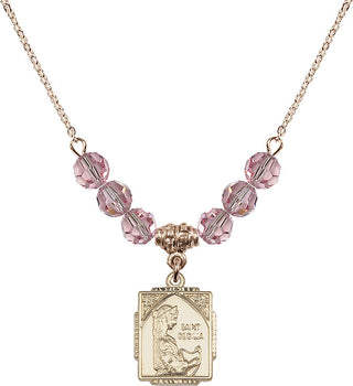 18" Hamilton Gold Plated Necklace with 4mm Light Rose Crystal Beads featuring a 14kt Gold Filled Saint Cecilia Medal. Engraved Catholic Saint Jewelry