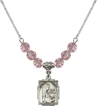 18" Rhodium Plated Necklace with 4mm Light Rose Crystal Beads featuring a Sterling Silver Saint Cecilia Medal. Engraved Catholic Saint Jewelry