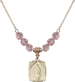 18" Hamilton Gold Plated Necklace with 4mm Light Rose Crystal Beads featuring a 14kt Gold Filled Our Lady of Guadalupe Medal. Engraved Catholic Saint Jewelry