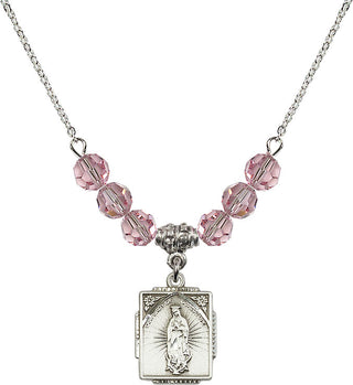 18" Rhodium Plated Necklace with 4mm Light Rose Crystal Beads featuring a Sterling Silver Our Lady of Guadalupe Medal. Engraved Catholic Saint Jewelry