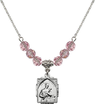 18" Rhodium Plated Necklace with 4mm Light Rose Crystal Beads featuring a Sterling Silver Saint Gerard Medal. Engraved Catholic Saint Jewelry