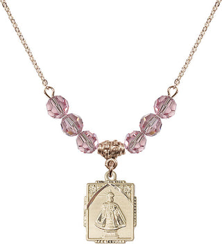 18" Hamilton Gold Plated Necklace with 4mm Light Rose Crystal Beads featuring a 14kt Gold Filled Infant of Prague Medal. Engraved Catholic Saint Jewelry