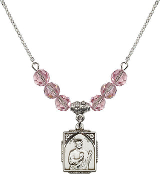 18" Rhodium Plated Necklace with 4mm Light Rose Crystal Beads featuring a Sterling Silver Saint Jude Medal. Engraved Catholic Saint Jewelry
