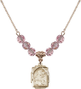 18" Hamilton Gold Plated Necklace with 4mm Light Rose Crystal Beads featuring a 14kt Gold Filled Saint Joseph Medal. Engraved Catholic Saint Jewelry