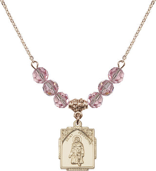 18" Hamilton Gold Plated Necklace with 4mm Light Rose Crystal Beads featuring a 14kt Gold Filled Saint Peregrine Medal. Engraved Catholic Saint Jewelry