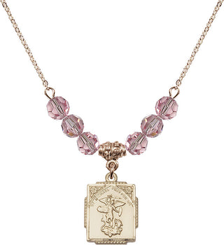18" Hamilton Gold Plated Necklace with 4mm Light Rose Crystal Beads featuring a 14kt Gold Filled Saint Michael the Archangel Medal. Engraved Catholic Saint Jewelry