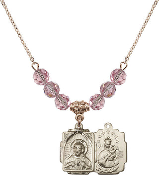18" Hamilton Gold Plated Necklace with 4mm Light Rose Crystal Beads featuring a 14kt Gold Filled Scapular Medal.