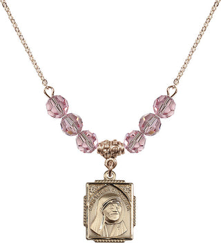 18" Hamilton Gold Plated Necklace with 4mm Light Rose Crystal Beads featuring a 14kt Gold Filled Saint Teresa of Calcutta Medal. Engraved Catholic Saint Jewelry