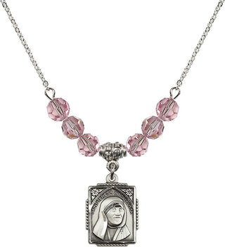 18" Rhodium Plated Necklace with 4mm Light Rose Crystal Beads featuring a Sterling Silver Saint Teresa of Calcutta Medal. Engraved Catholic Saint Jewelry