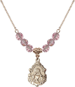 18" Hamilton Gold Plated Necklace with 4mm Light Rose Crystal Beads featuring a 14kt Gold Filled Mother of a Priest Medal. Engraved Catholic Saint Jewelry