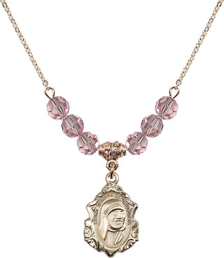 18" Hamilton Gold Plated Necklace with 4mm Light Rose Crystal Beads featuring a 14kt Gold Filled Saint Teresa of Calcutta Medal.