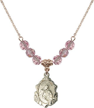 18" Hamilton Gold Plated Necklace with 4mm Light Rose Crystal Beads featuring a 14kt Gold Filled Saint Ann Medal. Engraved Catholic Saint Jewelry