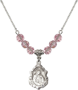 18" Rhodium Plated Necklace with 4mm Light Rose Crystal Beads featuring a Sterling Silver Saint Ann Medal. Engraved Catholic Saint Jewelry