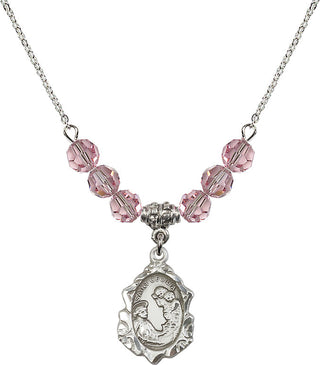 18" Rhodium Plated Necklace with 4mm Light Rose Crystal Beads featuring a Sterling Silver Saint Cecilia Medal. Engraved Catholic Saint Jewelry