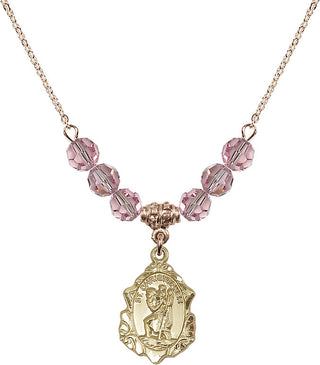 18" Hamilton Gold Plated Necklace with 4mm Light Rose Crystal Beads featuring a 14kt Gold Filled Saint Christopher Medal. Engraved Catholic Saint Jewelry