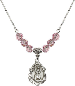 18" Rhodium Plated Necklace with 4mm Light Rose Crystal Beads featuring a Sterling Silver Saint Christopher Medal. Engraved Catholic Saint Jewelry