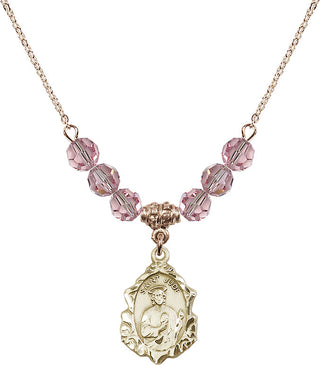 18" Hamilton Gold Plated Necklace with 4mm Light Rose Crystal Beads featuring a 14kt Gold Filled Saint Jude Medal. Engraved Catholic Saint Jewelry