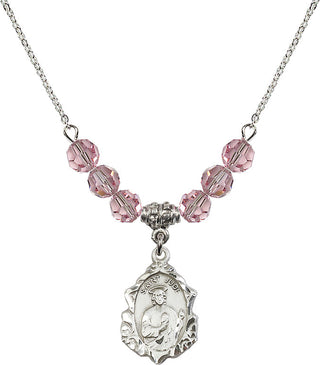 18" Rhodium Plated Necklace with 4mm Light Rose Crystal Beads featuring a Sterling Silver Saint Jude Medal. Engraved Catholic Saint Jewelry