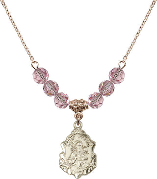 18" Hamilton Gold Plated Necklace with 4mm Light Rose Crystal Beads featuring a 14kt Gold Filled Saint Joseph Medal. Engraved Catholic Saint Jewelry