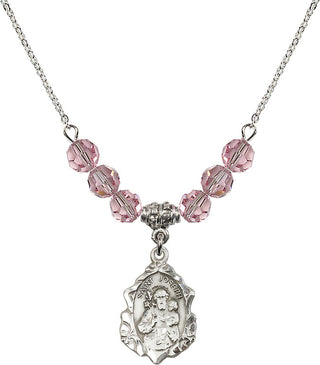 18" Rhodium Plated Necklace with 4mm Light Rose Crystal Beads featuring a Sterling Silver Saint Joseph Medal. Engraved Catholic Saint Jewelry