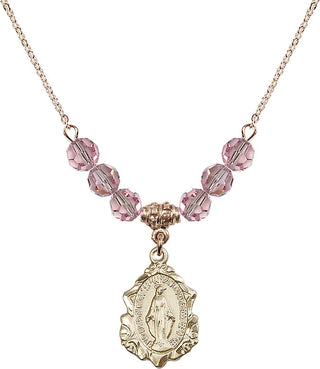 18" Hamilton Gold Plated Necklace with 4mm Light Rose Crystal Beads featuring a 14kt Gold Filled Miraculous Medal. Engraved Catholic Saint Jewelry