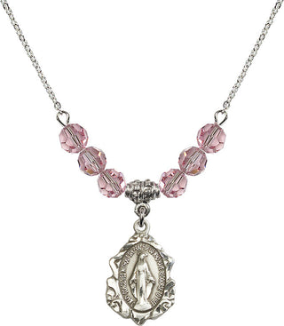 18" Rhodium Plated Necklace with 4mm Light Rose Crystal Beads featuring a Sterling Silver Miraculous Medal. Engraved Catholic Saint Jewelry