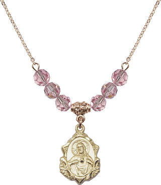18" Hamilton Gold Plated Necklace with 4mm Light Rose Crystal Beads featuring a 14kt Gold Filled Scapular Medal.