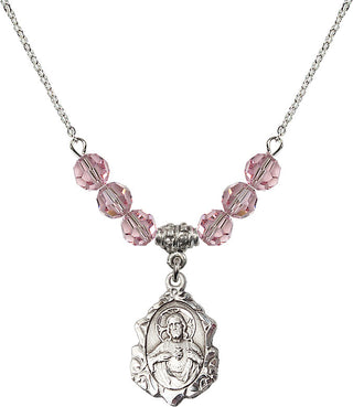 18" Rhodium Plated Necklace with 4mm Light Rose Crystal Beads featuring a Sterling Silver Scapular Medal.