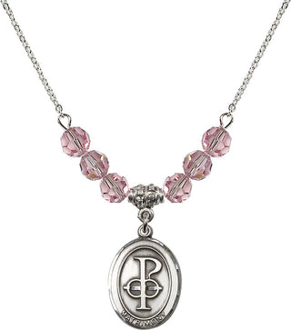 18" Rhodium Plated Necklace with 4mm Light Rose Crystal Beads featuring a Sterling Silver Matrimony Medal.