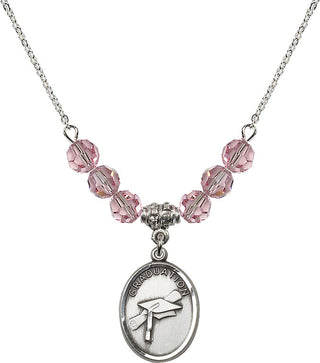 18" Rhodium Plated Necklace with 4mm Light Rose Crystal Beads featuring a Sterling Silver Graduation Medal.