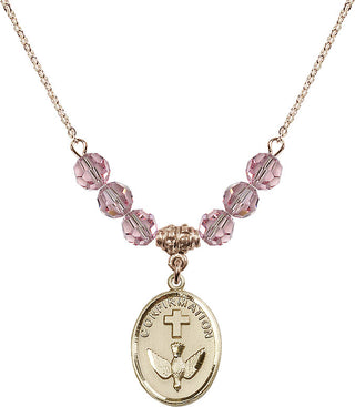 18" Hamilton Gold Plated Necklace with 4mm Light Rose Crystal Beads featuring a 14kt Gold Filled Confirmation Medal.
