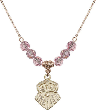 18" Hamilton Gold Plated Necklace with 4mm Light Rose Crystal Beads featuring a 14kt Gold Filled Seven Gifts Medal.