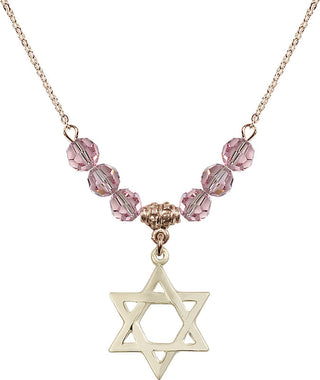 18" Hamilton Gold Plated Necklace with 4mm Light Rose Crystal Beads featuring a 14kt Gold Filled Star of David Medal.