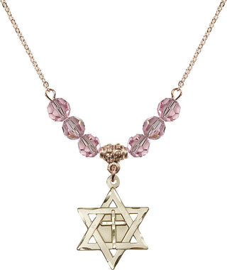 18" Hamilton Gold Plated Necklace with 4mm Light Rose Crystal Beads featuring a 14kt Gold Filled Star of David with Cross Medal.